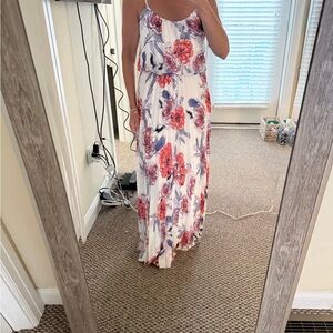 Floor length floral dress with spaghetti straps